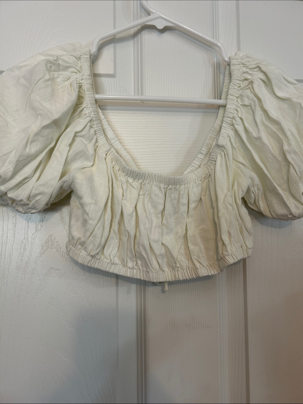Cropped Cream Peasant Tie-Front Women’s Top - Picture 5 of 5